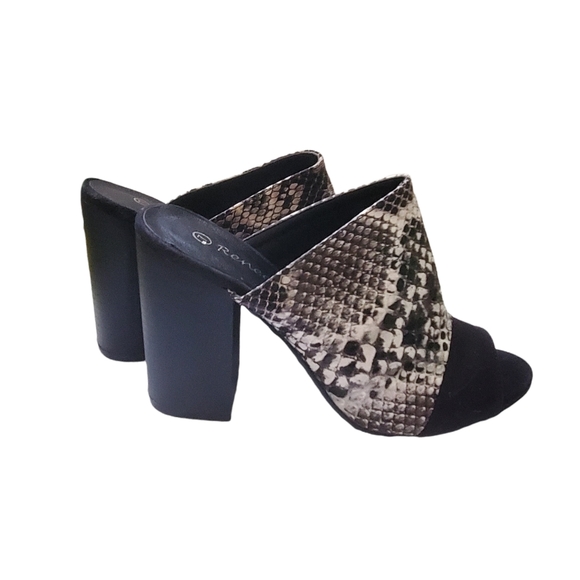 Reneeze Black, Gray and White Snake lookopen toe heels. Black Suede like trim. - Picture 2 of 7
